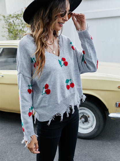 Cherry Pattern V-Neck Fringe Cropped Sweater | NCS