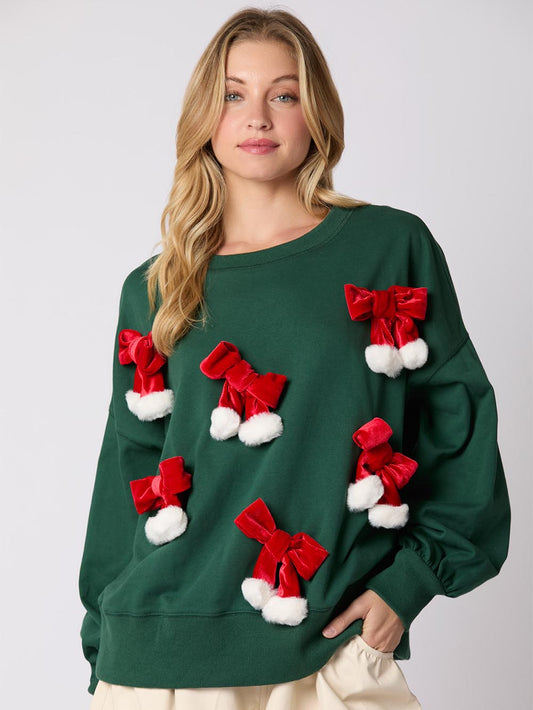 Christmas Velvet Bow Decor Sweatshirt | NCS