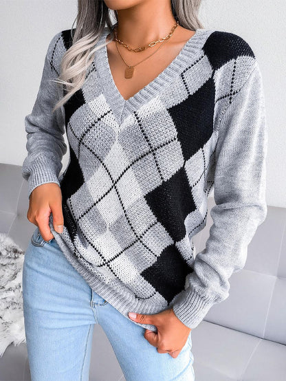 College-Style Diamond Pattern Casual Sweater | NCS