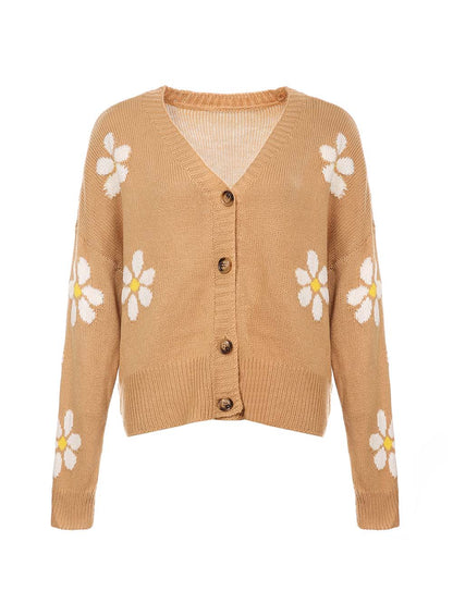 Collegiate Style Floral Pattern Knit Cardigan Loose-Fit Sweater | NCS