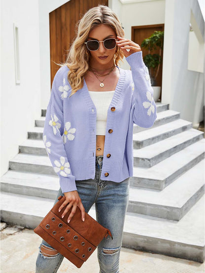 Collegiate Style Floral Pattern Knit Cardigan Loose-Fit Sweater | NCS