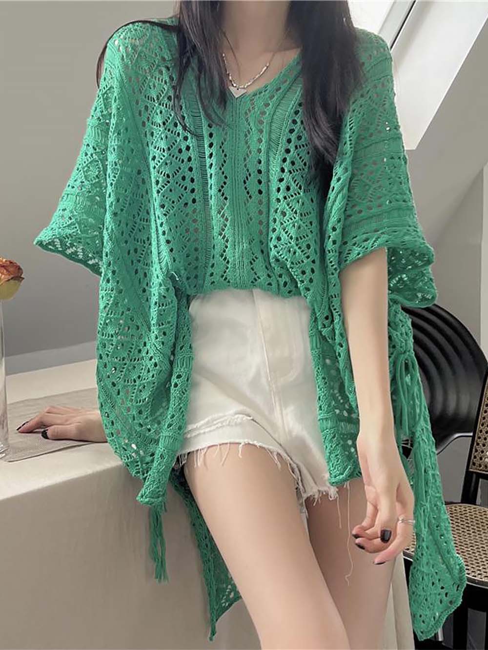 Crochet Tassel Hollow Tie Shawl Cover-up | NCS