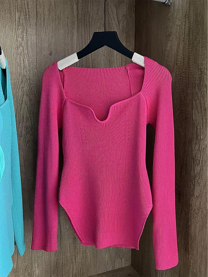 Square Collar Irregular Long Sleeve Woman Sweaters | NCS