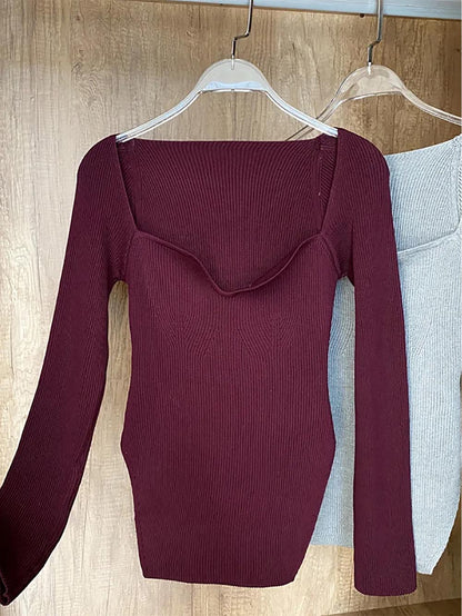 Square Collar Irregular Long Sleeve Woman Sweaters | NCS