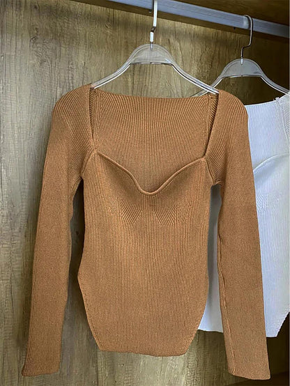 Square Collar Irregular Long Sleeve Woman Sweaters | NCS