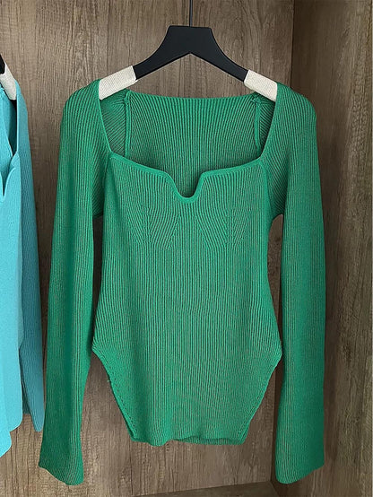 Square Collar Irregular Long Sleeve Woman Sweaters | NCS