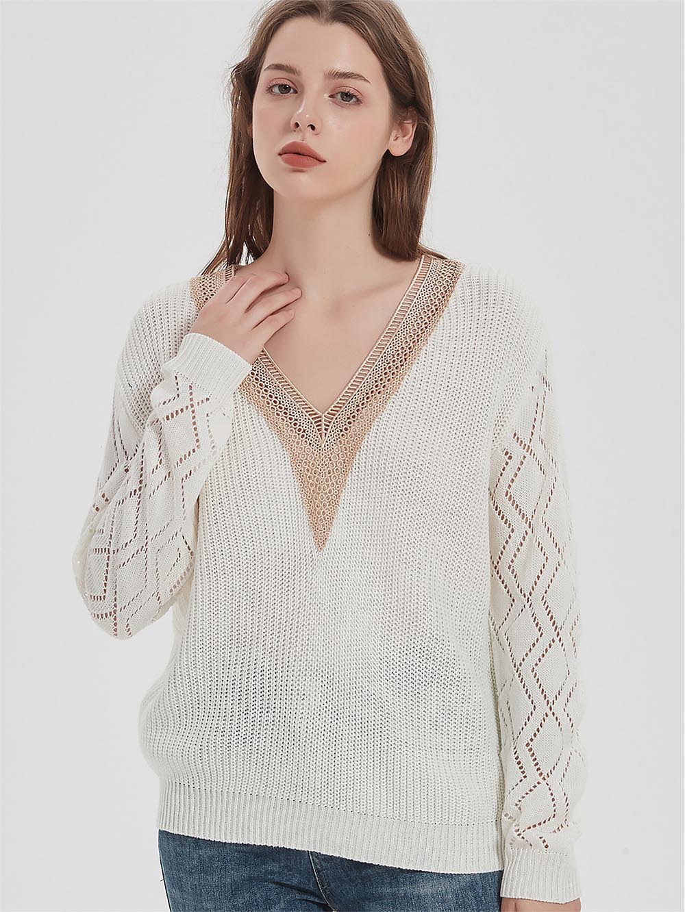 Cutout Colorblock V-Neck Long Sleeve Knit Sweater | NCS