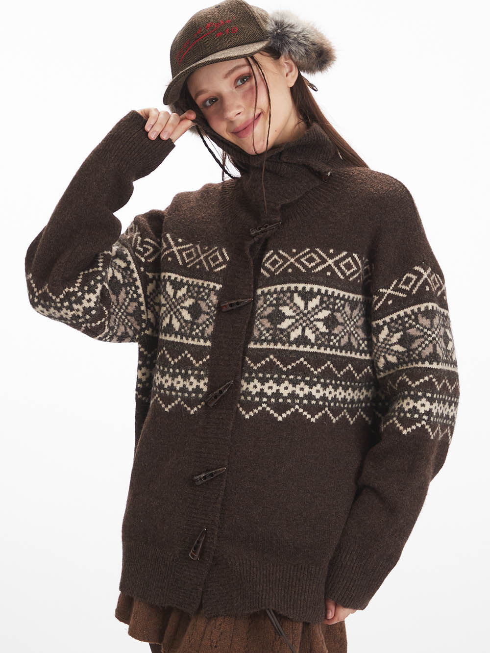 Fair Isle Horn Button Cardigan Loose Knit Sweater | NCS