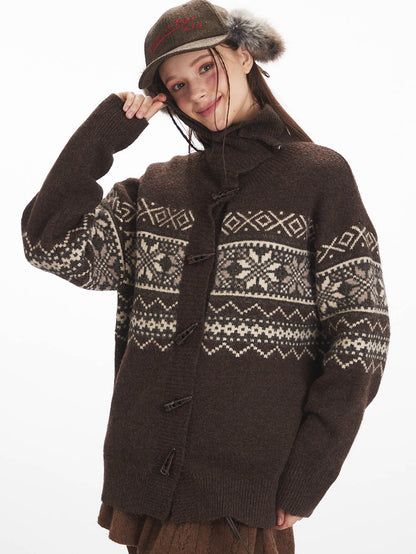 Fair Isle Horn Button Cardigan Loose Knit Sweater | NCS
