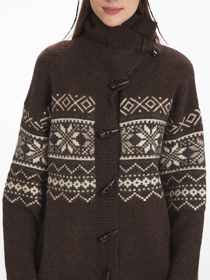 Fair Isle Horn Button Cardigan Loose Knit Sweater | NCS