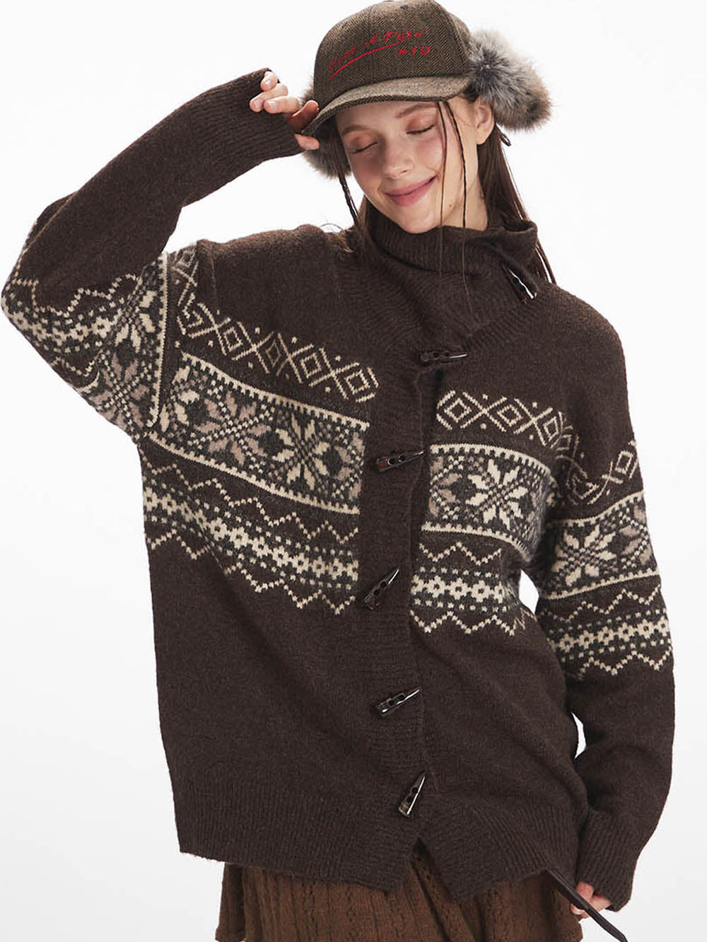 Fair Isle Horn Button Cardigan Loose Knit Sweater | NCS
