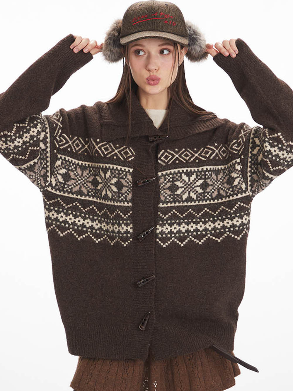 Fair Isle Horn Button Cardigan Loose Knit Sweater | NCS