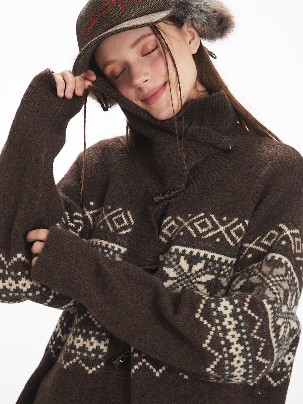 Fair Isle Horn Button Cardigan Loose Knit Sweater | NCS
