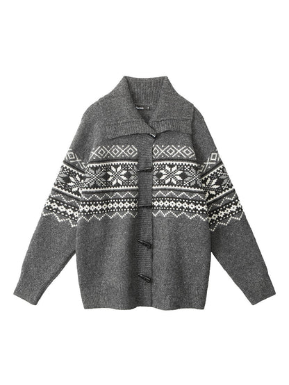 Fair Isle Horn Button Cardigan Loose Knit Sweater | NCS