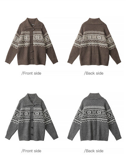 Fair Isle Horn Button Cardigan Loose Knit Sweater | NCS