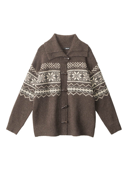 Fair Isle Horn Button Cardigan Loose Knit Sweater | NCS