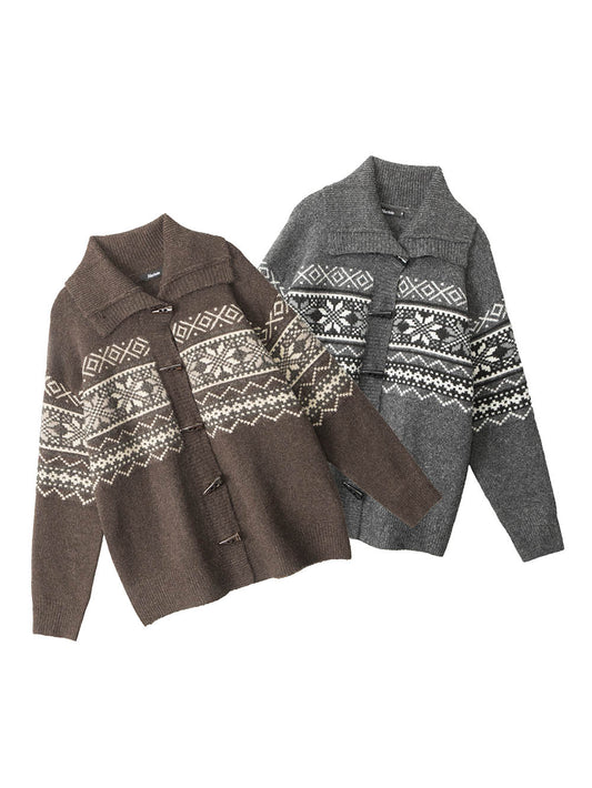 Fair Isle Horn Button Cardigan Loose Knit Sweater | NCS