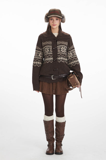 Fair Isle Horn Button Cardigan Loose Knit Sweater | NCS