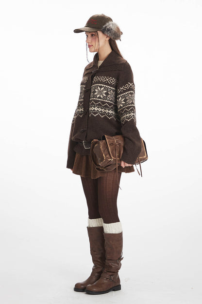 Fair Isle Horn Button Cardigan Loose Knit Sweater | NCS