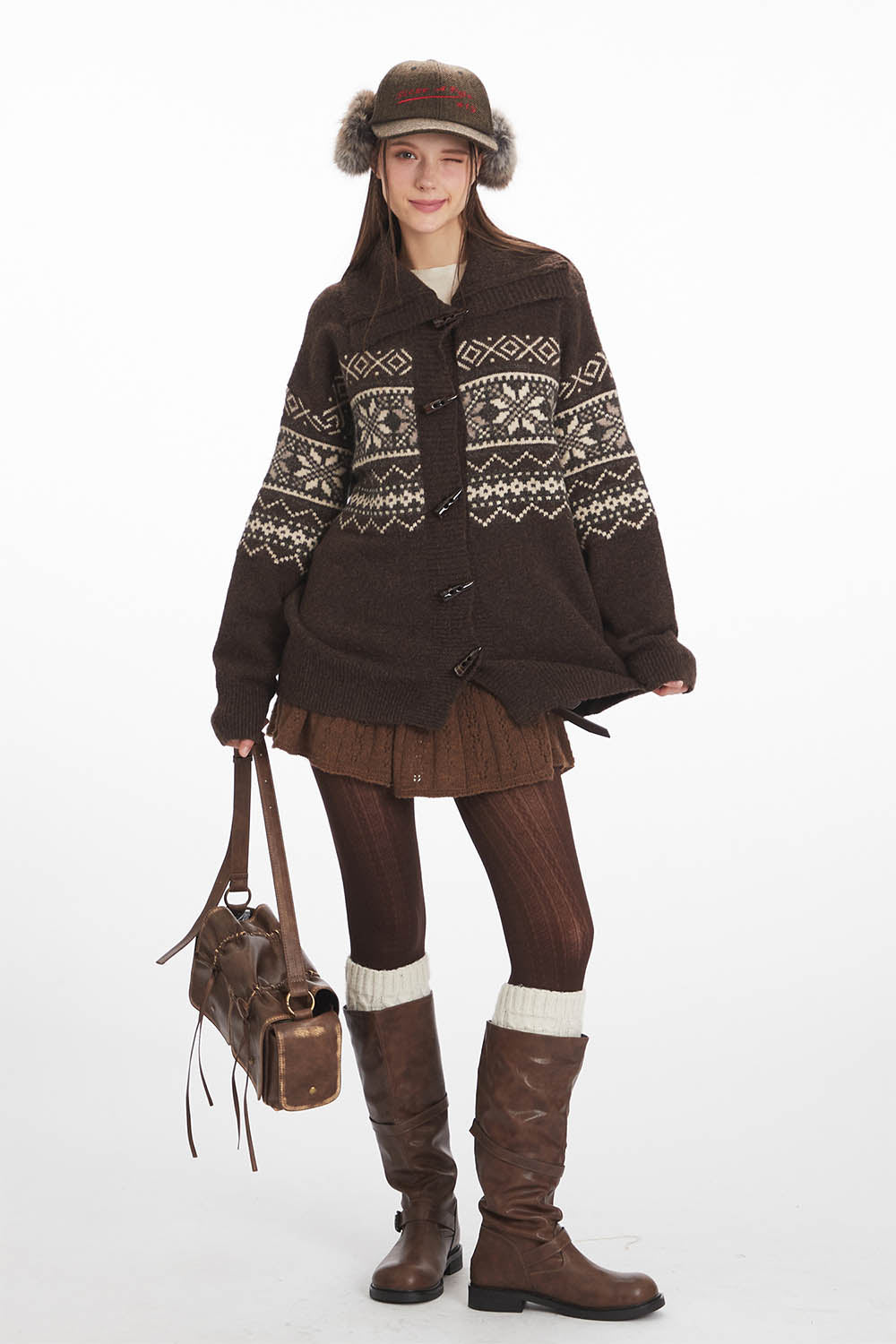 Fair Isle Horn Button Cardigan Loose Knit Sweater | NCS