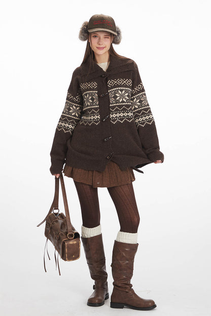 Fair Isle Horn Button Cardigan Loose Knit Sweater | NCS