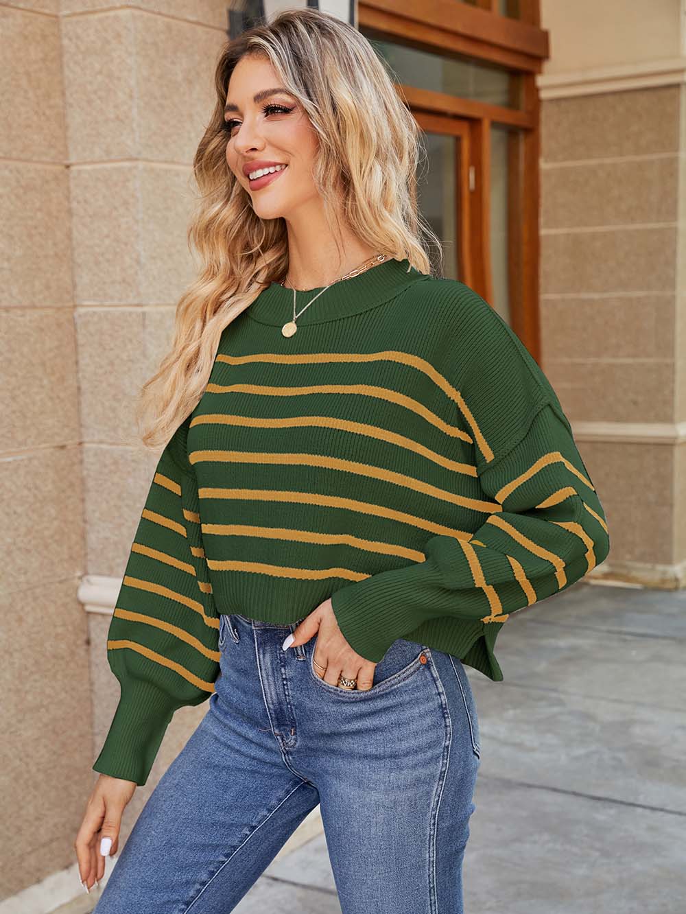 Fashionable Asymmetrical Striped Loose Fit Short-Length Sweater | NCS