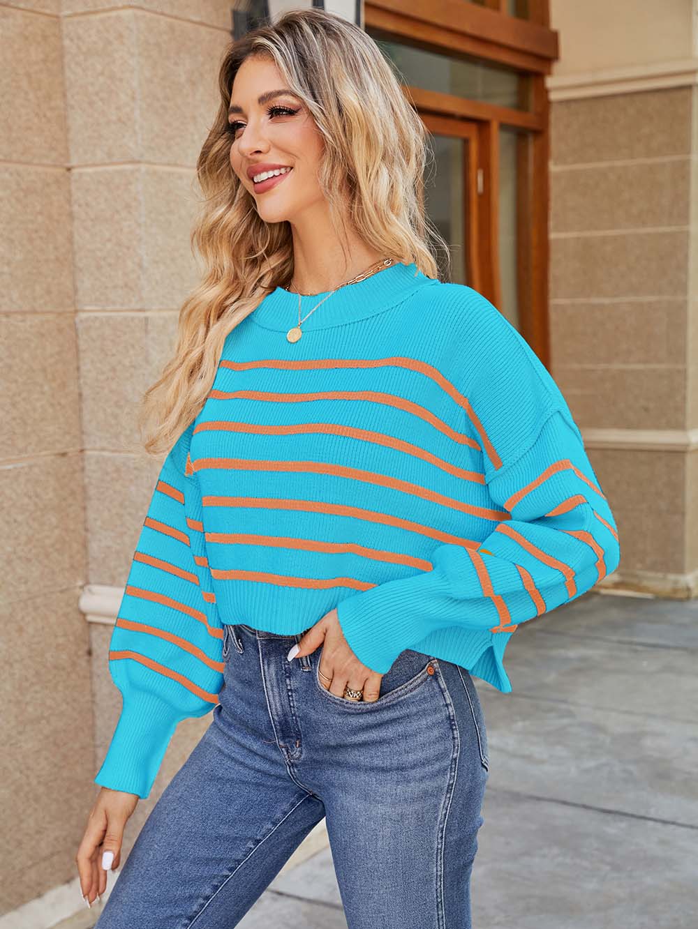 Fashionable Asymmetrical Striped Loose Fit Short-Length Sweater | NCS