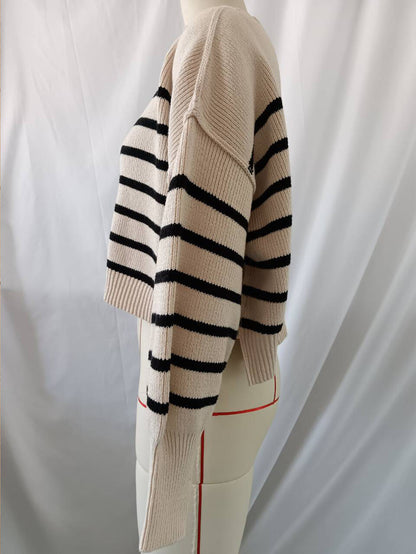 Fashionable Asymmetrical Striped Loose Fit Short-Length Sweater | NCS