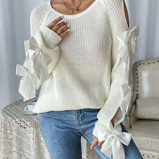 French-Style 3D Bow-Embellished Openwork Women’s Sweater | NCS