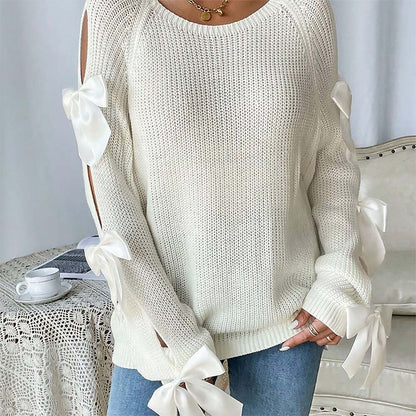French-Style 3D Bow-Embellished Openwork Women’s Sweater | NCS