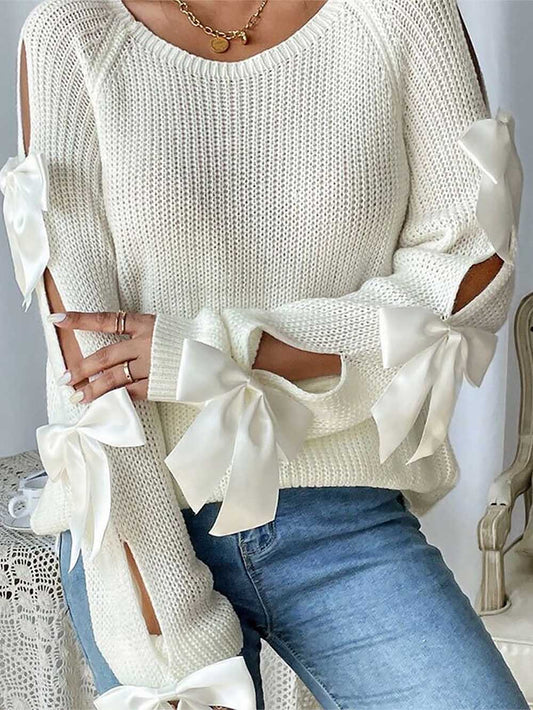 French-Style 3D Bow-Embellished Sweater