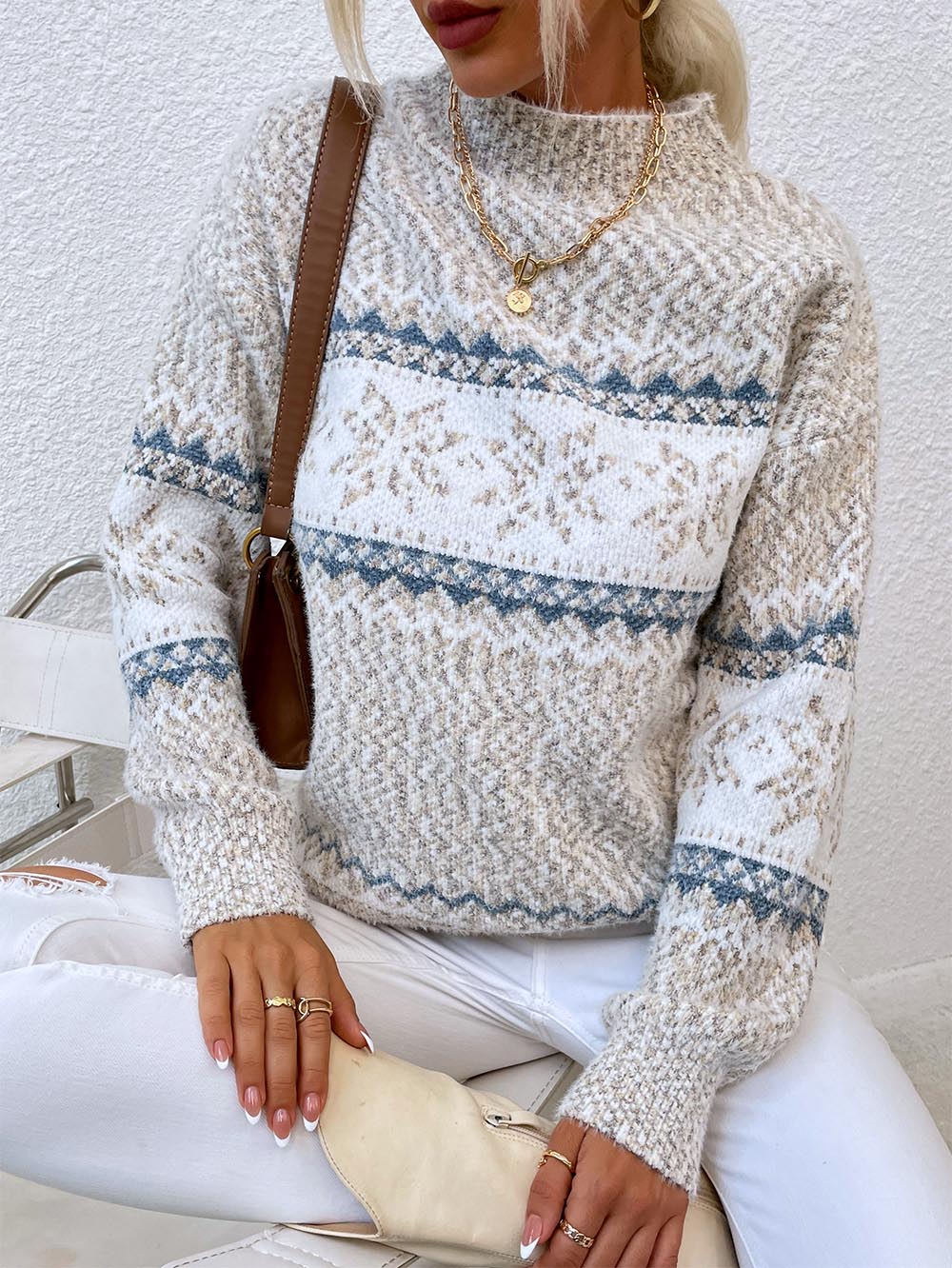 Half-Turtleneck Snowflake Christmas Knit Sweater | NCS