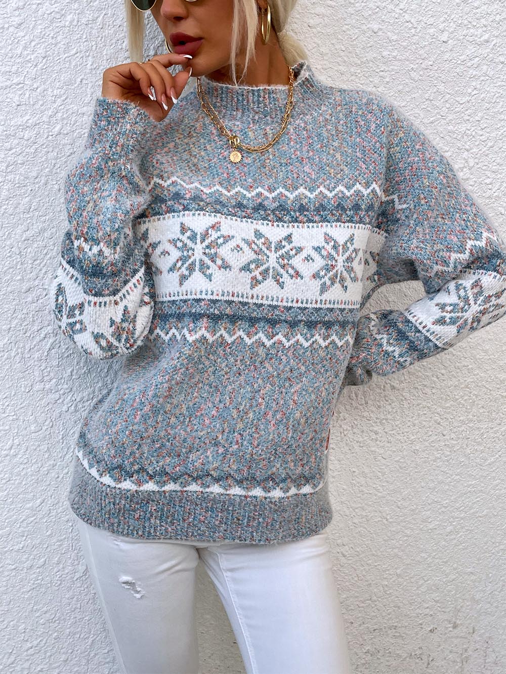 Half-Turtleneck Snowflake Christmas Knit Sweater | NCS