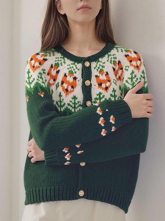 Handcrafted Fox Pattern Fair Isle Women’s Cardigan | 100% Wool Button-Up | NCS