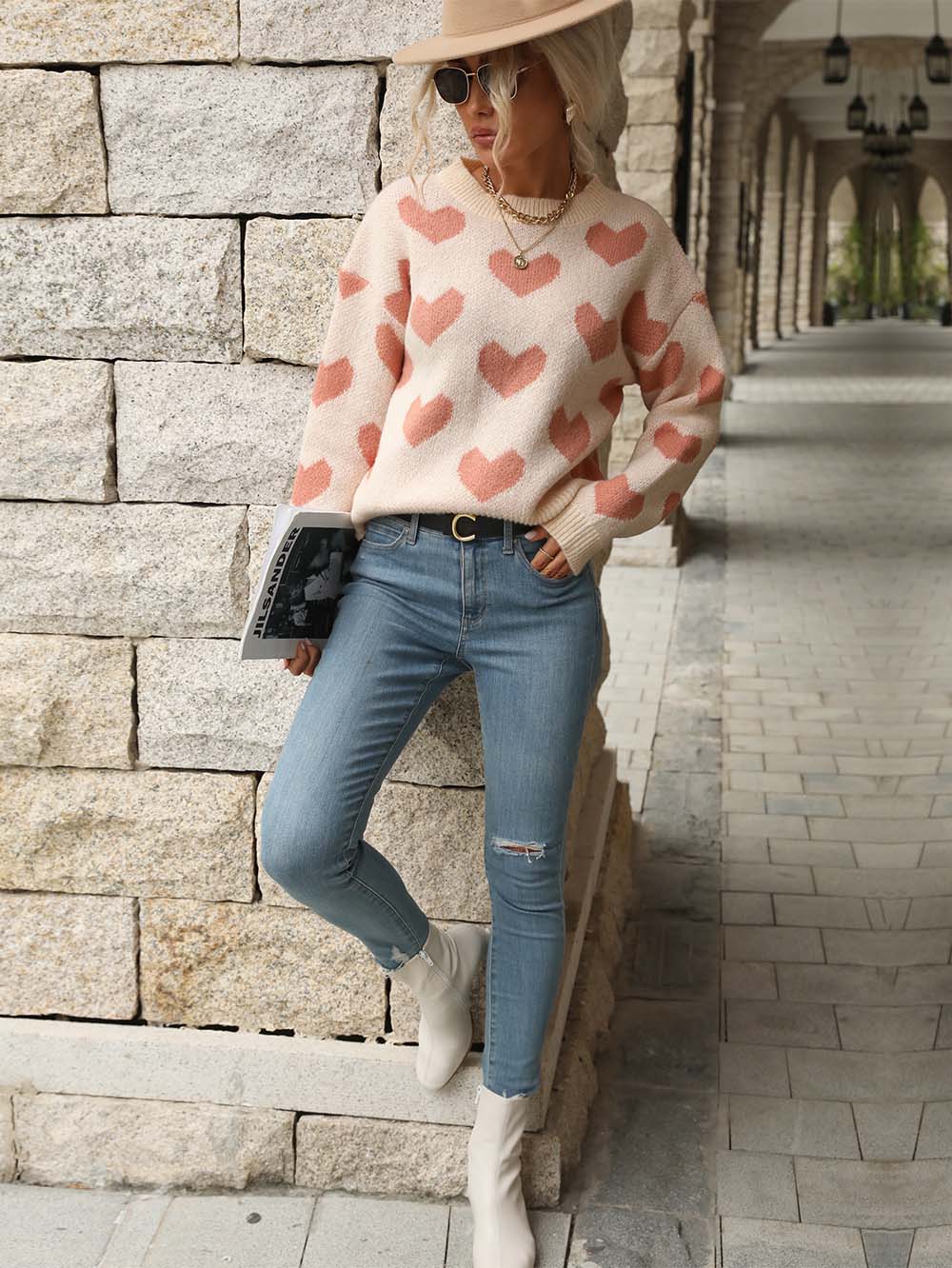 Heart Pattern Drop Shoulder Sweater | NCS