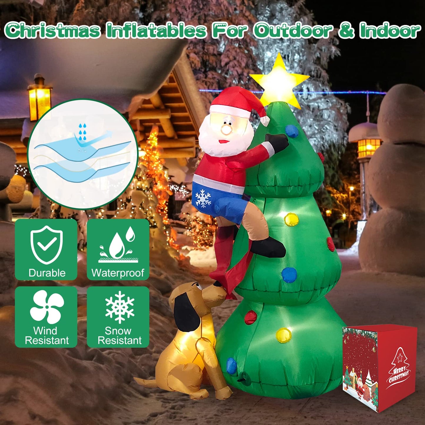 Inflatable Christmas Tree with A Santa Chased by A Dog Outdoor Decorations | NCS