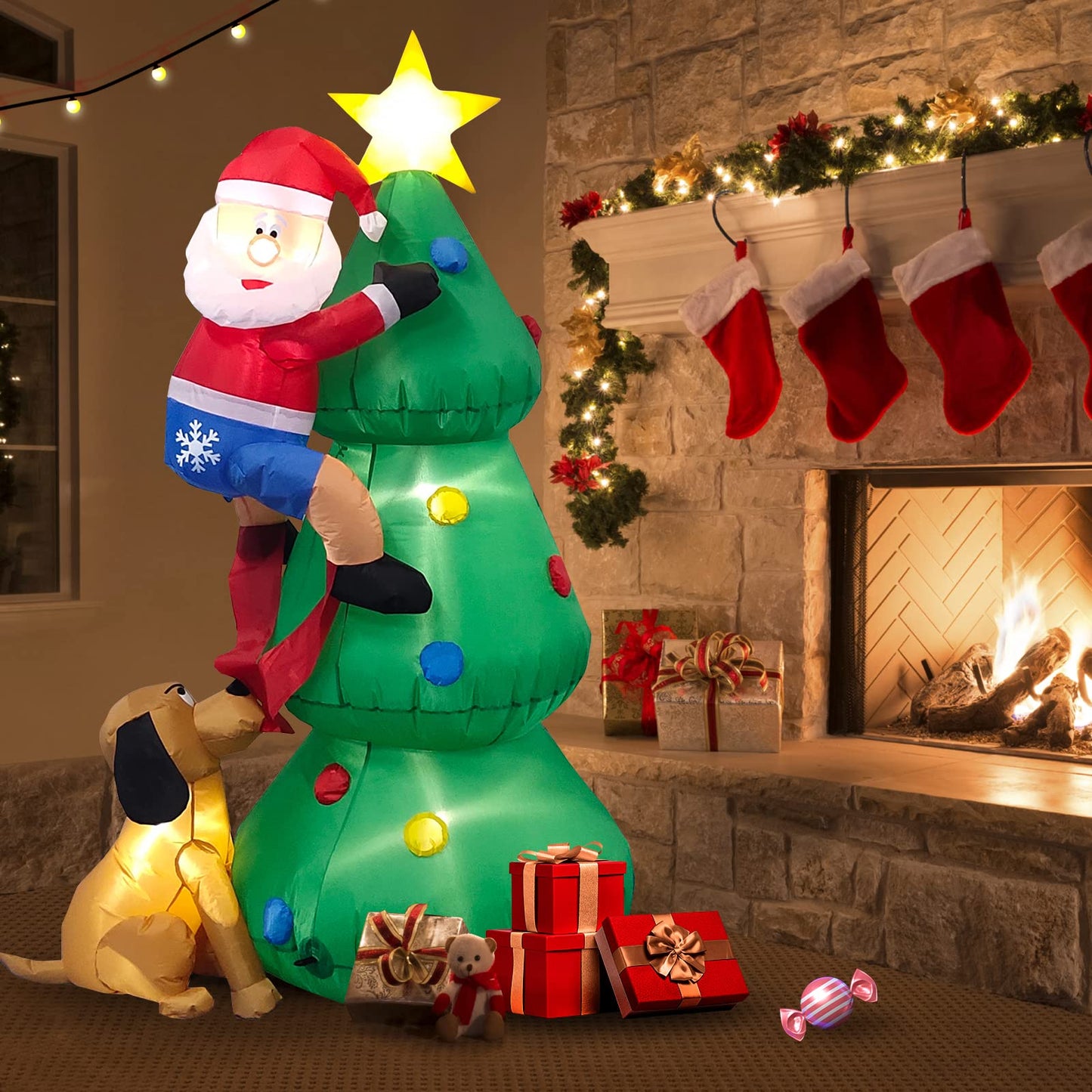 Inflatable Christmas Tree with A Santa Chased by A Dog Outdoor Decorations | NCS