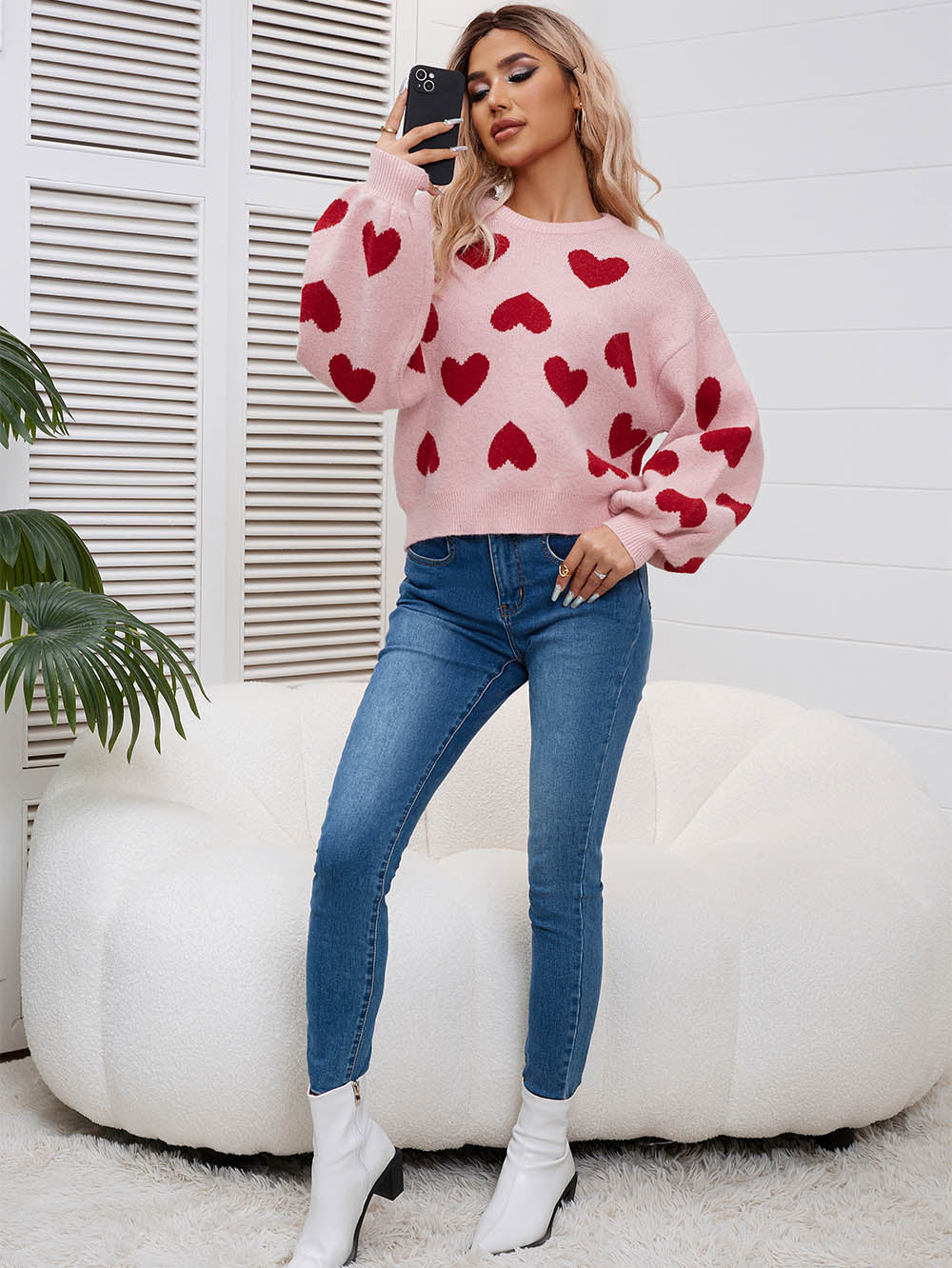 Kawaii Heart Pattern Puff Sleeves Sweater | NCS