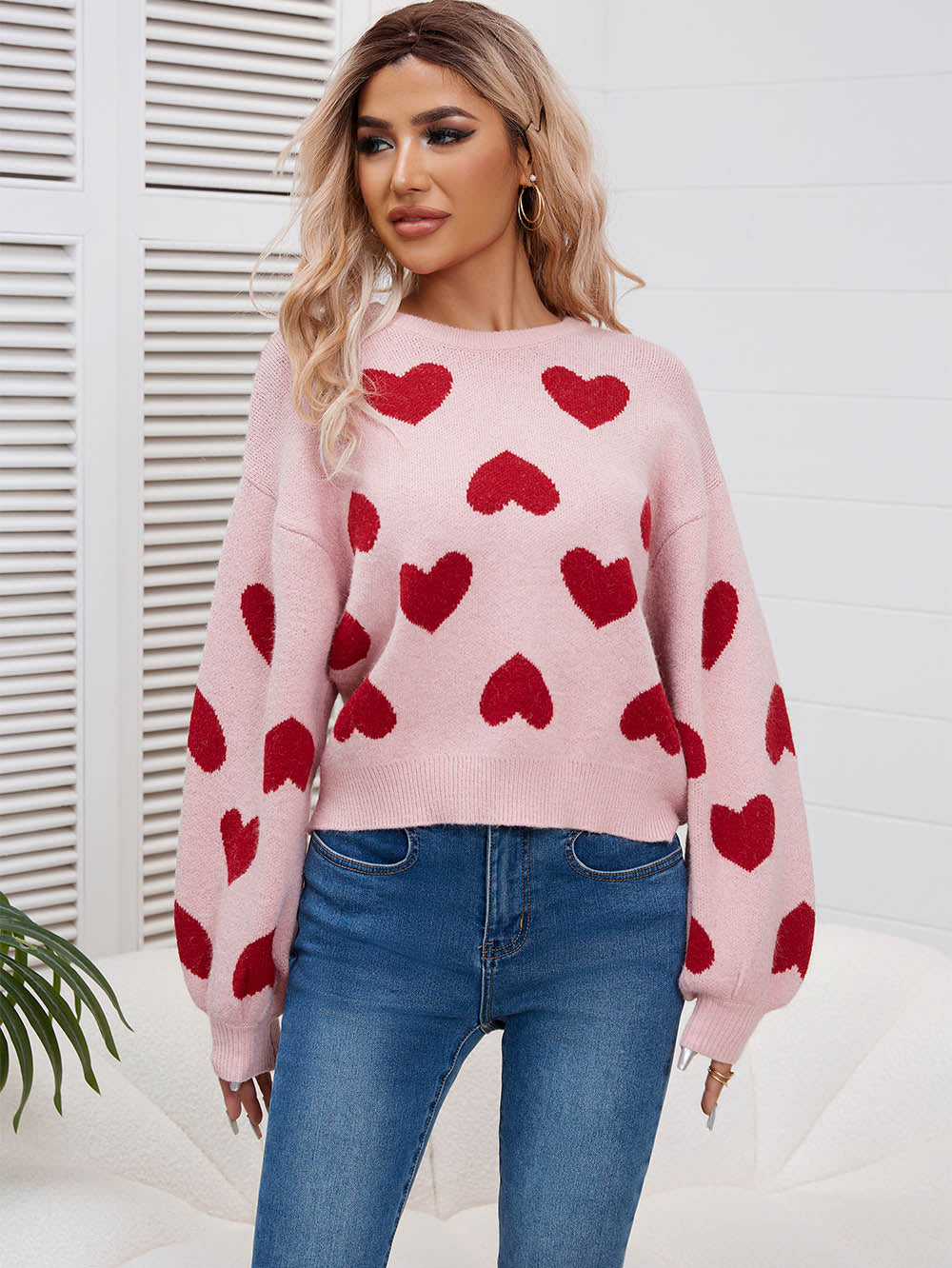 Kawaii Heart Pattern Puff Sleeves Sweater | NCS