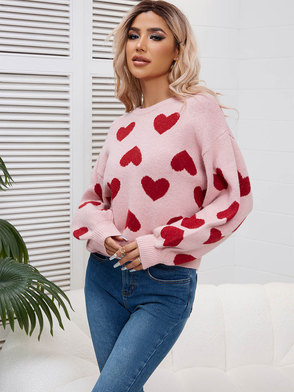 Kawaii Heart Pattern Puff Sleeves Sweater | NCS