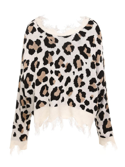 Leopard Print V-Neck Fringe Cropped Sweater | NCS