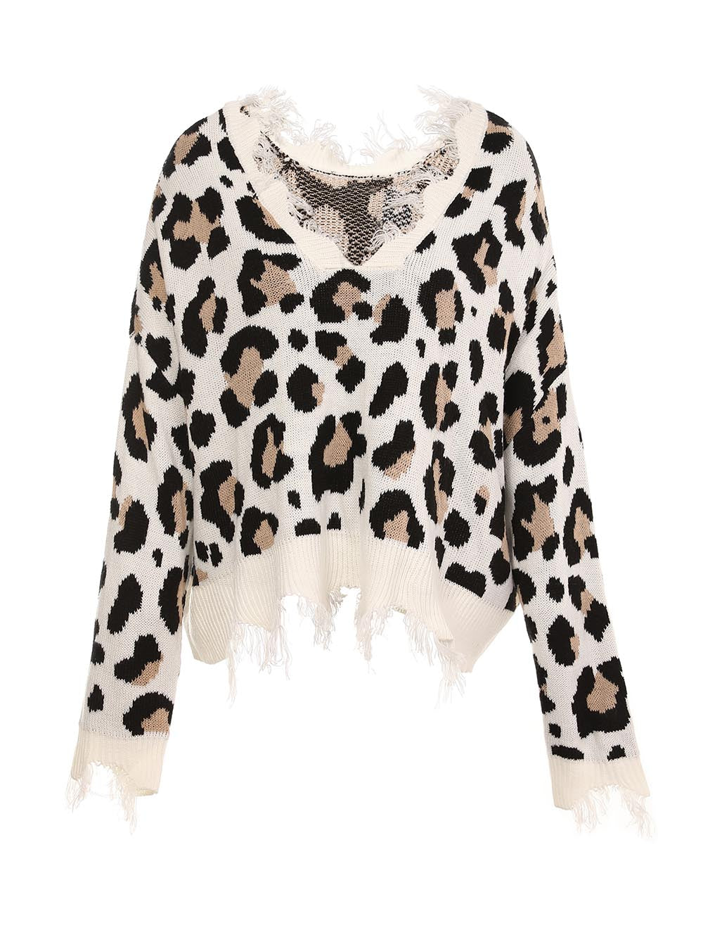 Leopard Print V-Neck Fringe Cropped Sweater | NCS