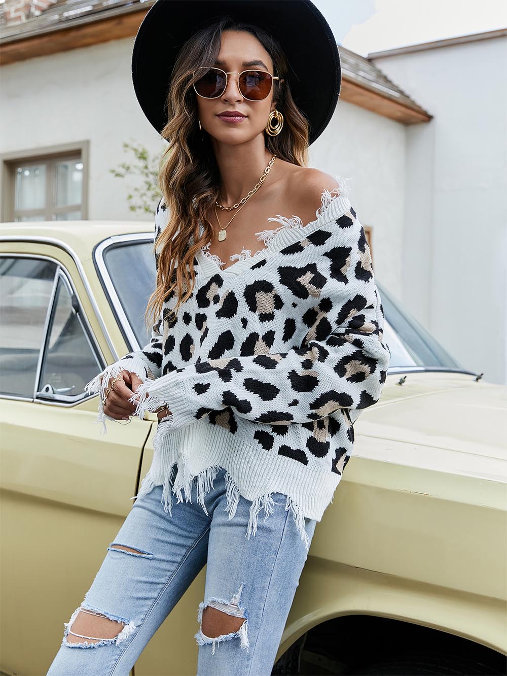 Leopard Print V-Neck Fringe Cropped Sweater | NCS