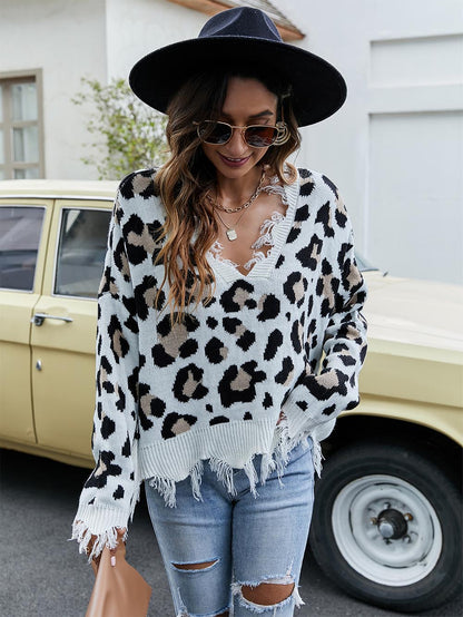 Leopard Print V-Neck Fringe Cropped Sweater | NCS