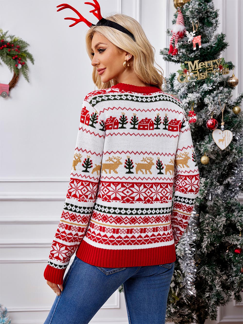 Loose Reindeer Embroidered Ugly Christmas Sweater | NCS