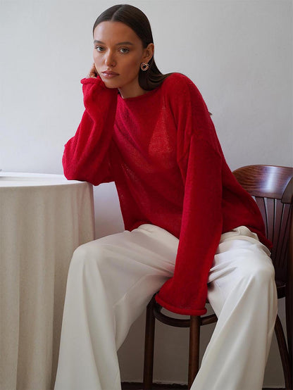 Loose Knit Casual Boat Nech Long Sleeve Sweater - Women's See Through Top | NCS