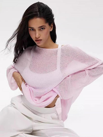 Loose Knit Casual Boat Nech Long Sleeve Sweater - Women's See Through Top | NCS