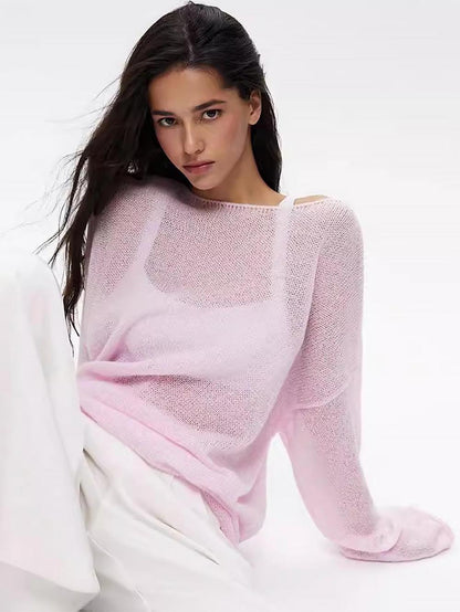 Loose Knit Casual Boat Nech Long Sleeve Sweater - Women's See Through Top | NCS