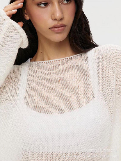 Loose Knit Casual Boat Nech Long Sleeve Sweater - Women's See Through Top | NCS