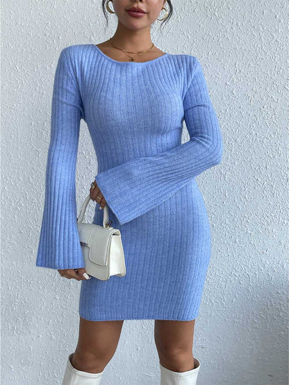 Open Back Solid Color Trumpet Sleeve Long Sweater Dress | NCS